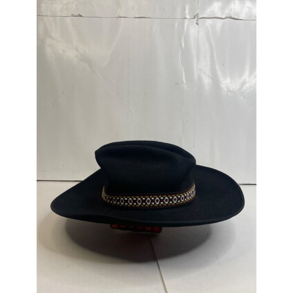 Three Points Western Store Men 7 1/8 Wool Fedora Hat Black Aztec Ribbon - Picture 1 of 8